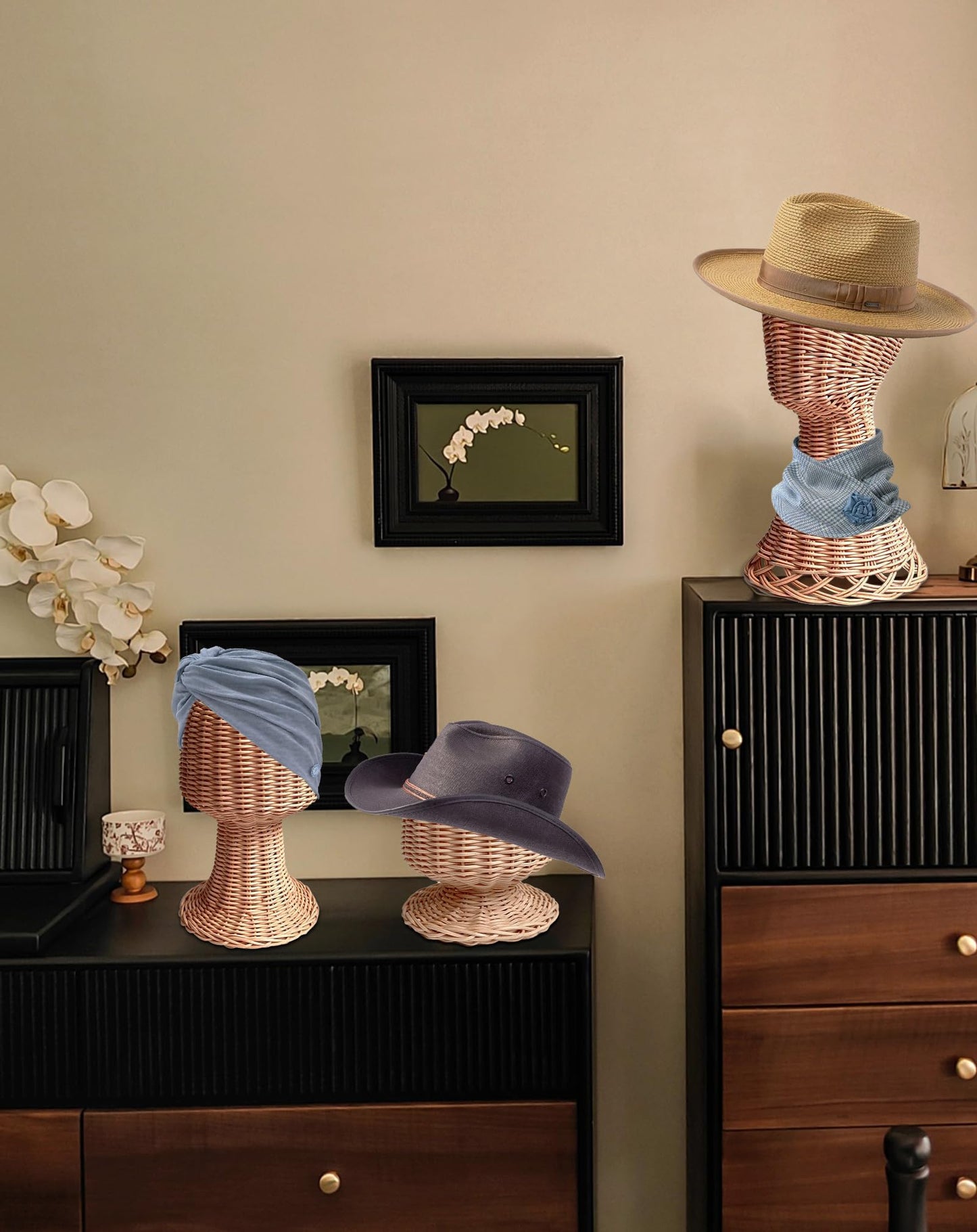 CHADWICK Mannequin Head Stand, Rattan Wig Stand, Hat & Wig Display Holder, Handmade Wicker Wig Head Stand, Vine Woven Hat Stand,