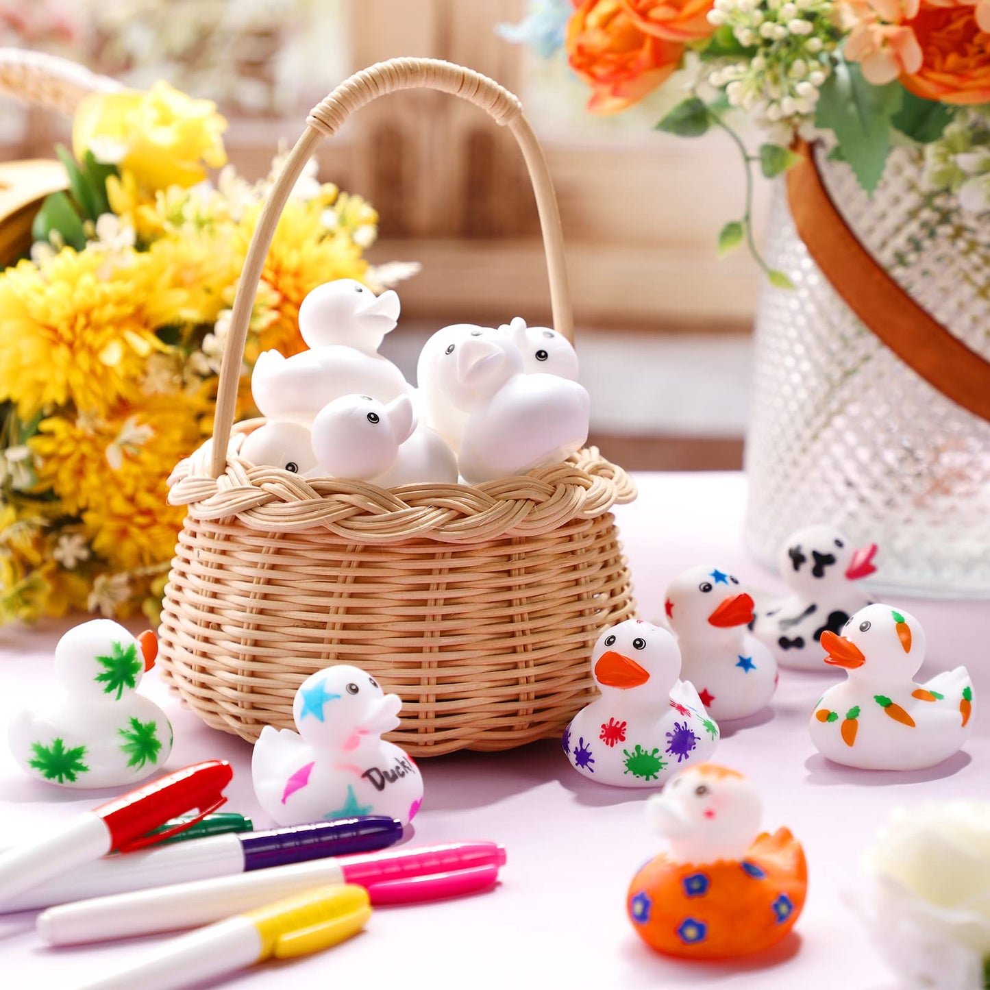 Jerify 12 Pcs 2 Inch White Blank Rubber Ducks Creative Rubber Ducks with Pens of 12 Colors for Pool Bathtub Float Cute Easter DIY Crafts Birthday Gifts Baby Party Favors for Kids