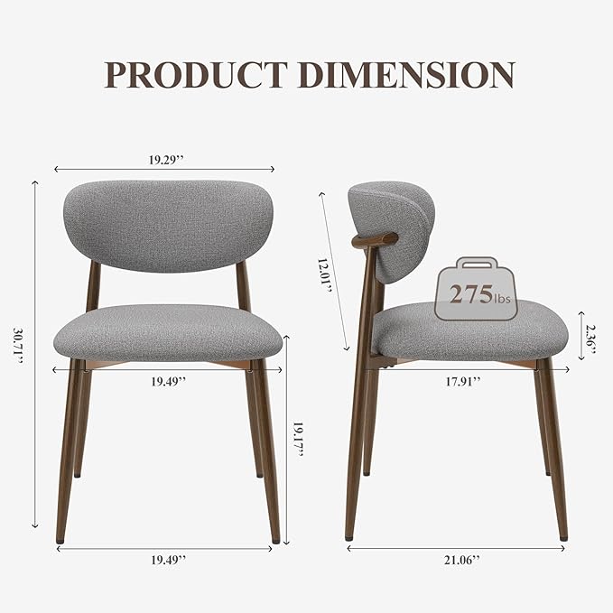 MALOL Dining Chairs Set of 2, Upholstered Dining Room Chairs with Metal Legs and Anti Slip Pads, Curved Back Kitchen Chair for Home and Restaurant Use, Light Grey