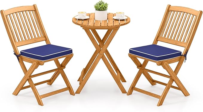Tangkula 3 Pieces Acacia Wood Patio Folding Bistro Set, Outdoor Table and Chairs Set with Soft Cushions, Patio Furniture S...