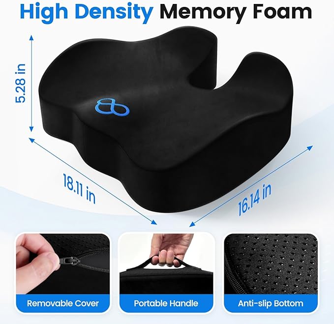 SofterCharm Seat Cushion with Carry Handle, Memory Foam for Tailbone/Sciatica Easing, Chair Cushions for Cars, Desks, Office Chair Cushion with Non-Slip Design, Ideal for Post-Surgery Recovery (Black)