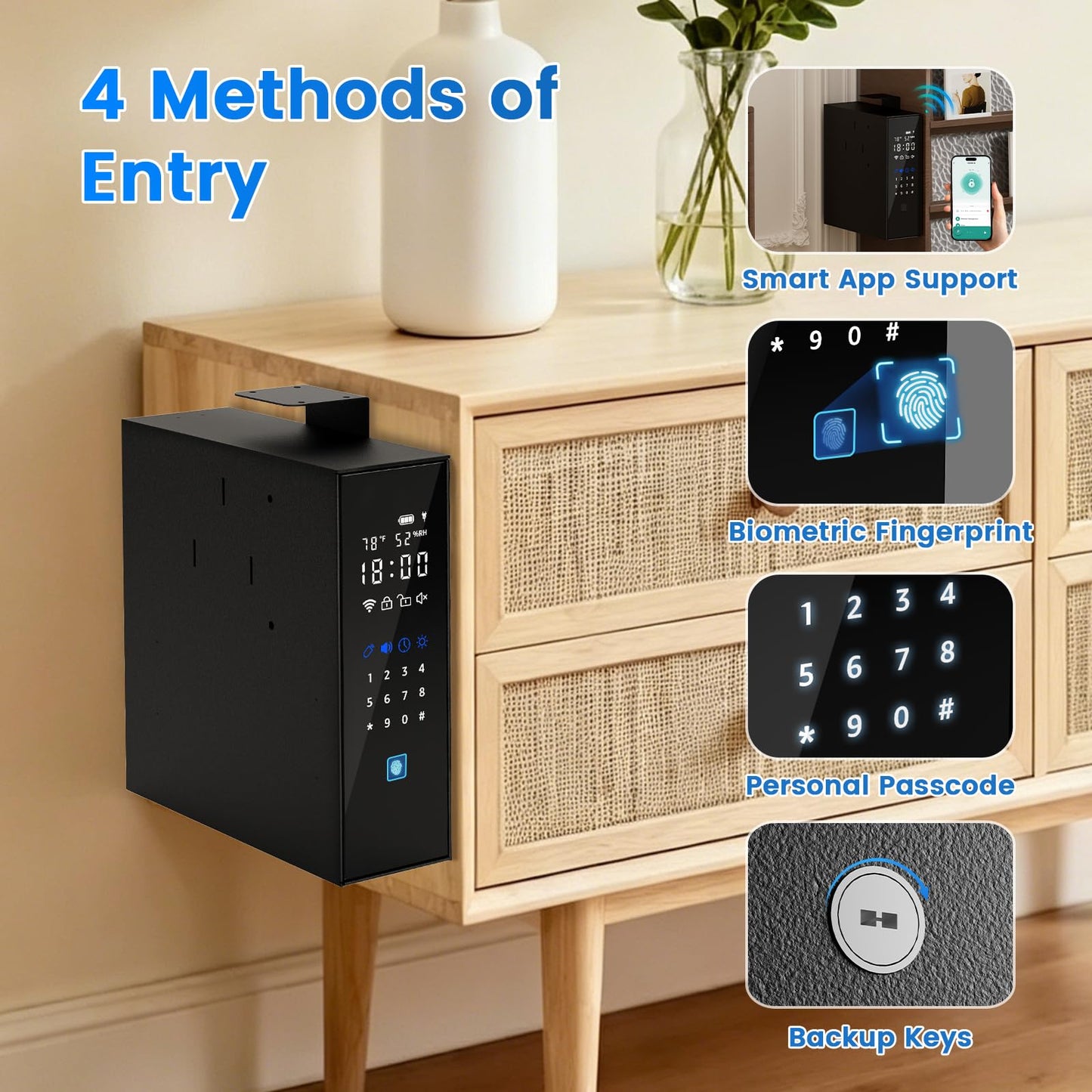 XDeer Biometric Gun Safe for Handgun, Slider Full Touchscreen Bedside Gun Safe, 0.01s Quick Access Pistol Safe for Nightstand,Desk,with APP Remote Control, Fingerprint, PIN Code, KEY Access-1PCS