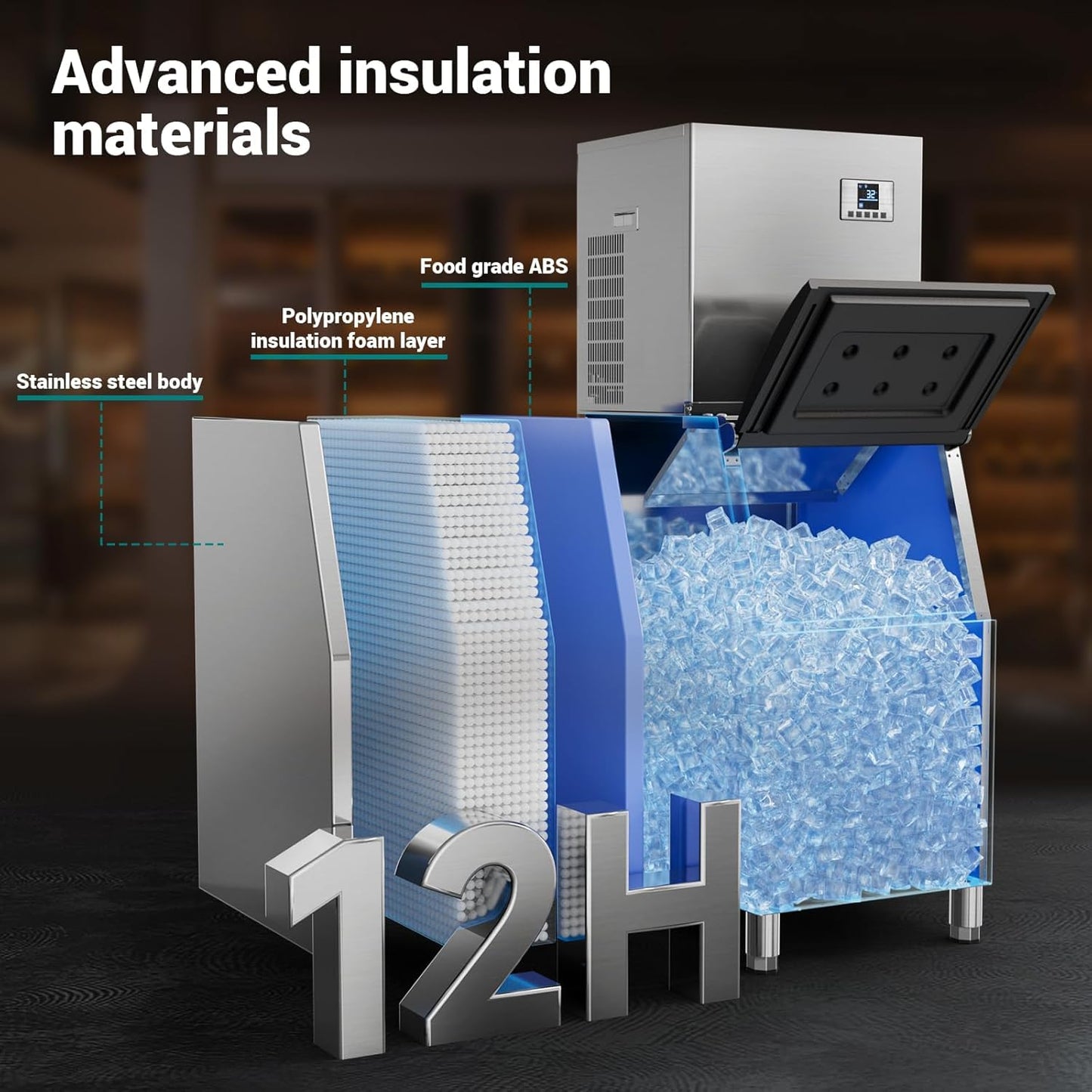 680 LBS/24H Commercial Ice Machine with 560 LBS Storage Bin, Ice Cubes Ready in 5-15 min, Stainless Steel Industrial Ice Maker, Self-Cleaning, Timing Function, Adjustable Ice Thicknesses