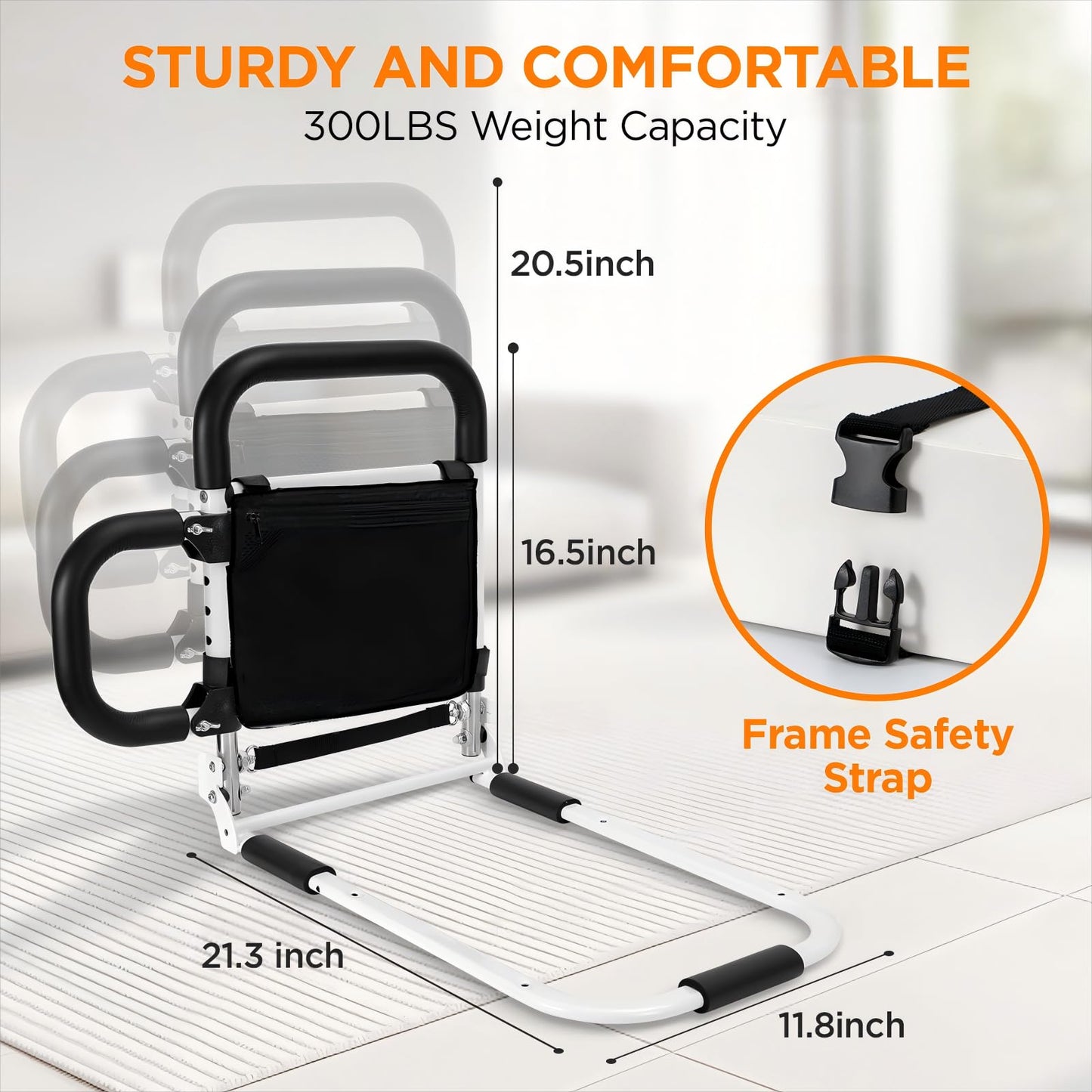 Ojiud Foldable Bed-Rails for Elderly Adults Safety with LED Night Light and Three Storage Pockets, Adjustable Bed-Assist-Rails for Seniors,Portable & Sturdy Grab Bar Bed Cane for King/Queen/Full/Twin