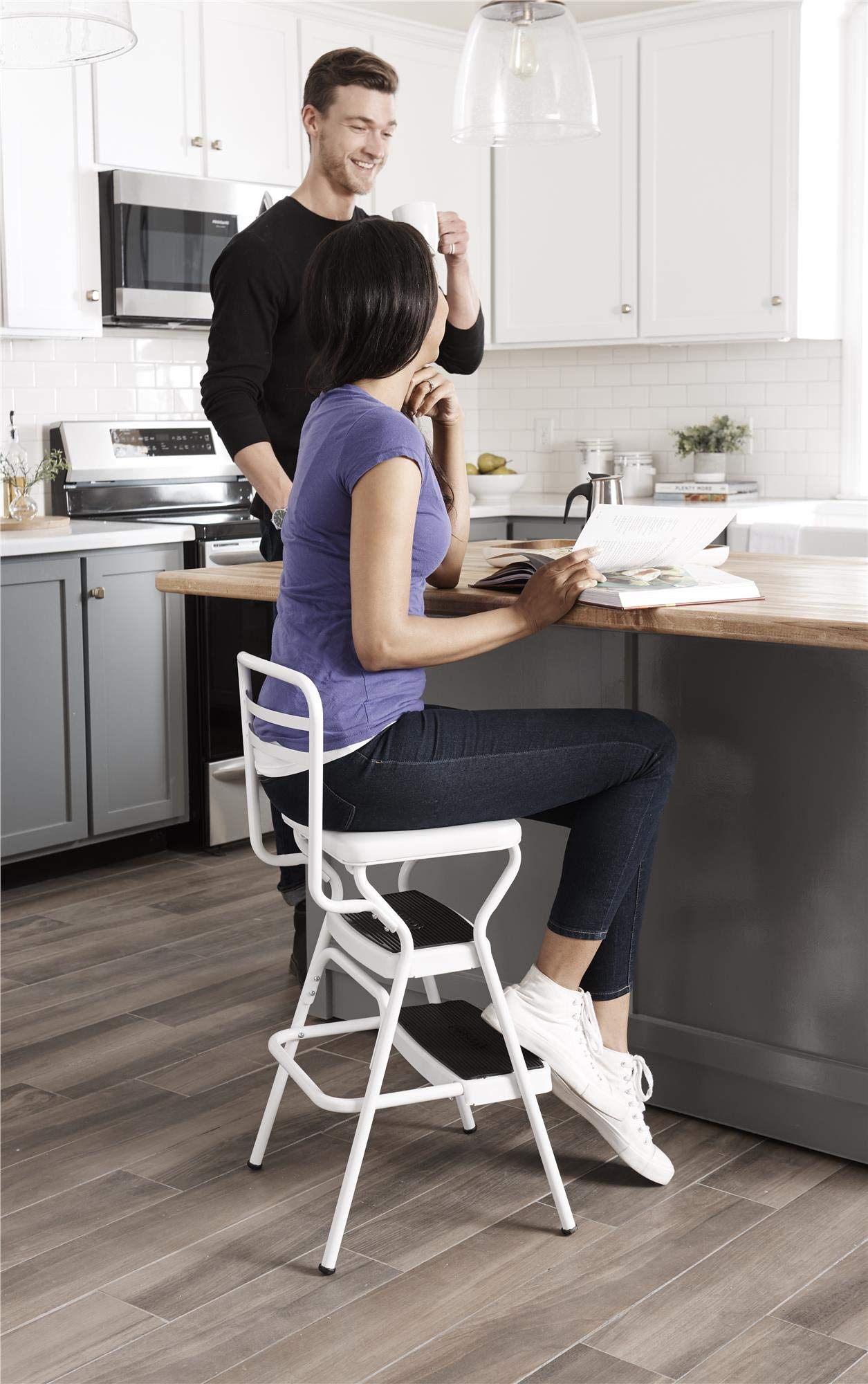 COSCO Stylaire Retro Chair + Step Stool with Flip-Up Vinyl Seat, White