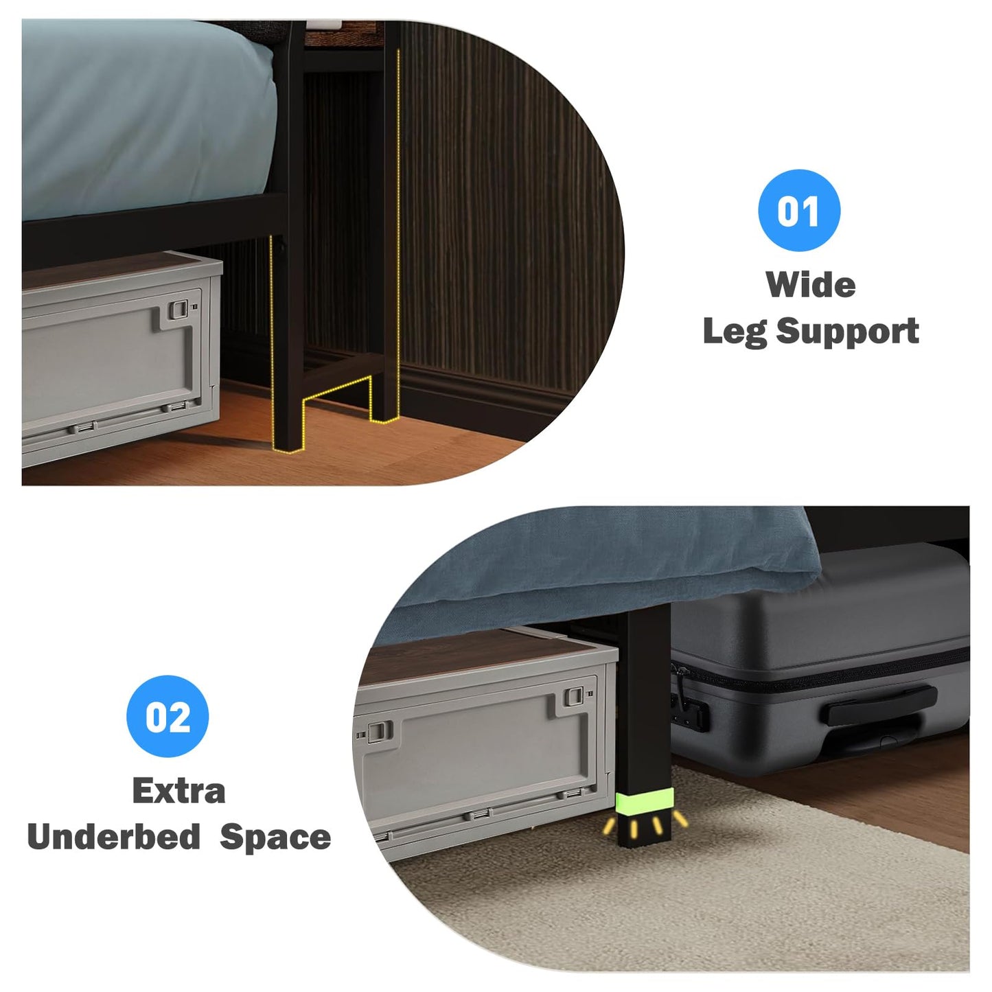 Queen Size Bed Frame with Socket and Storage Bed Frame with LED Light, Heavy Duty Metal Slats Support, No Box Spring Needed