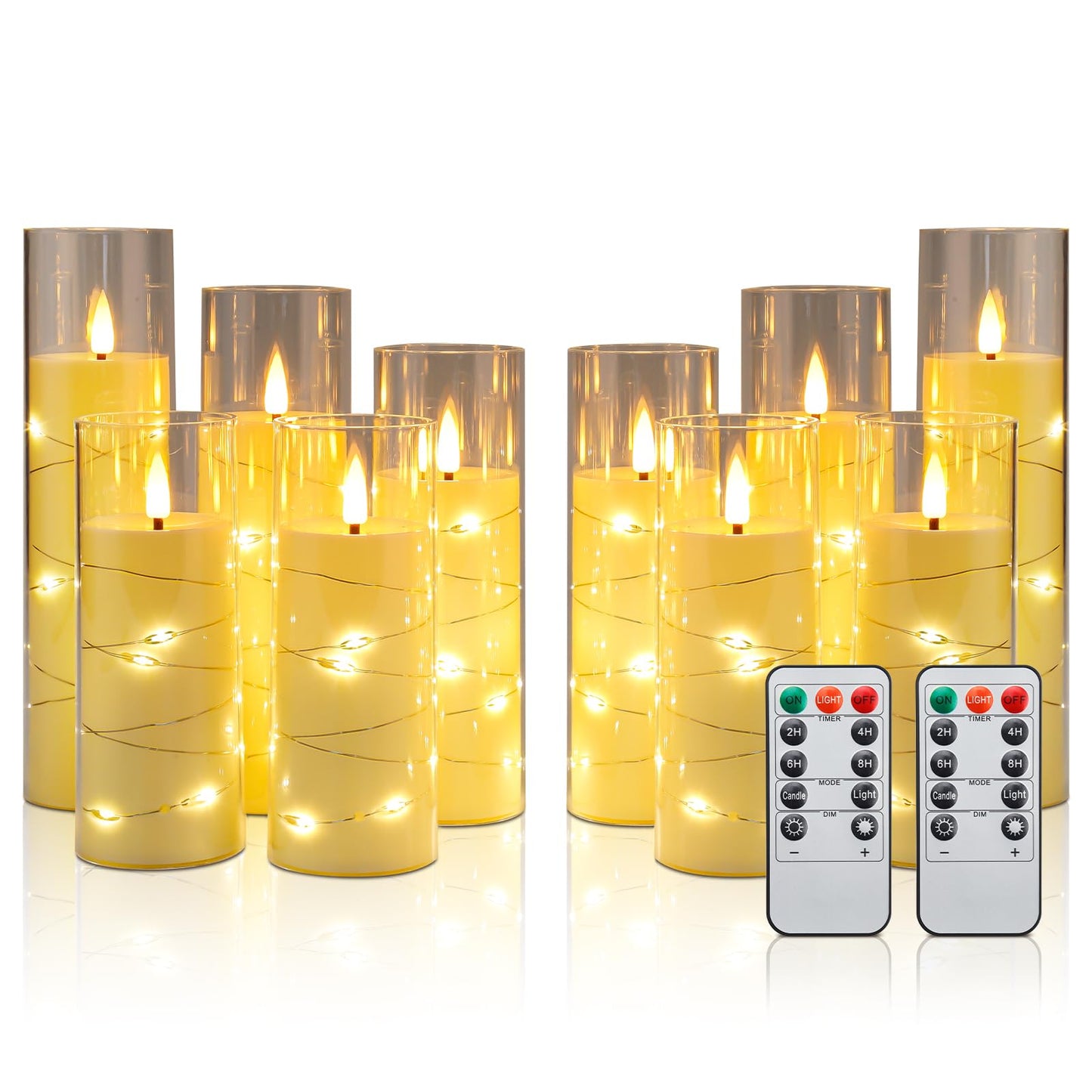 Enido 10 Pc Flameless LED Candles with Remote & Timer, Flickering with Embedded Star String for Cozy Home Decor Holiday Romantic Battery Operated Acrylic Pillar Set (Clear)