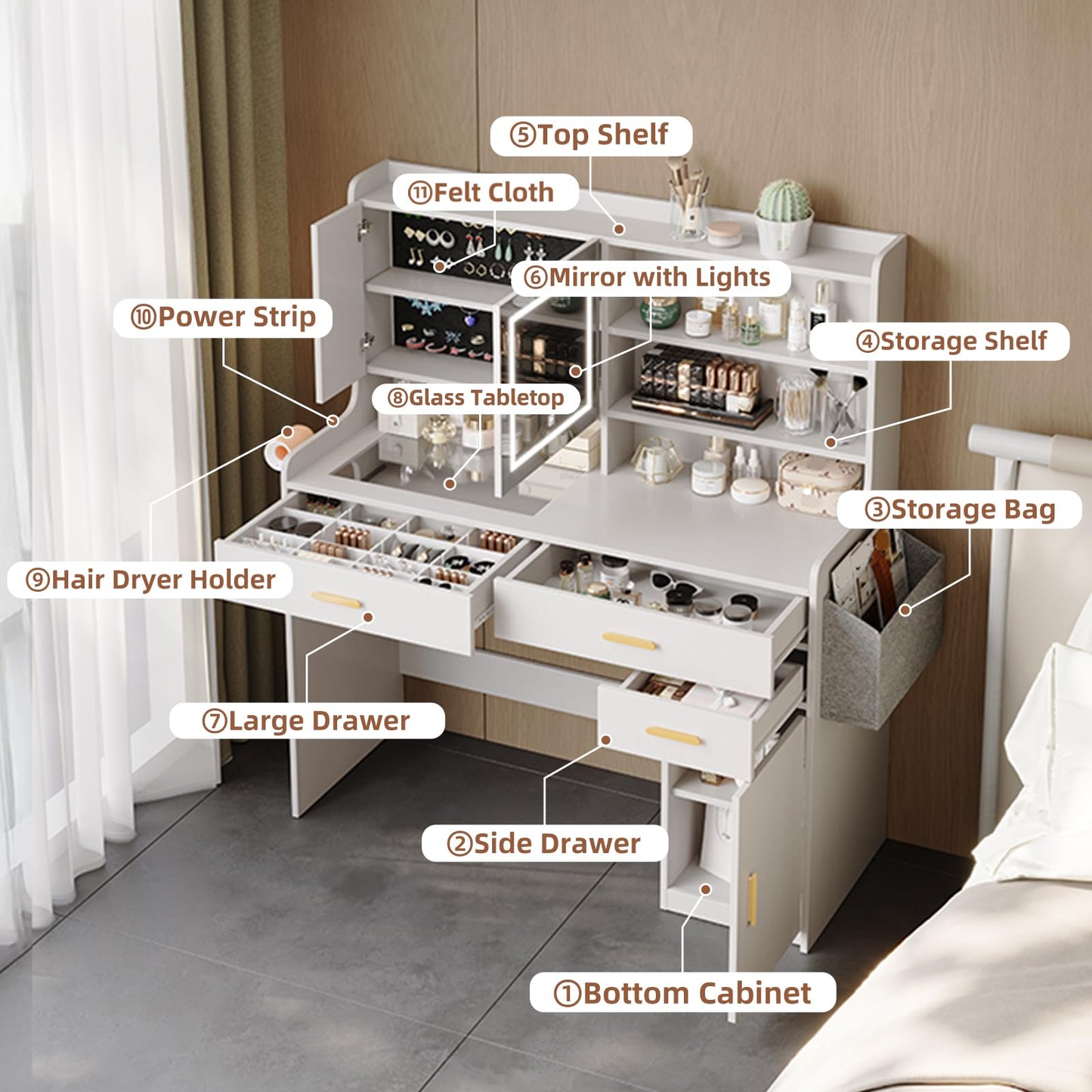 KATYGLORY Vanity Desk with Mirror and Adjustable LED Lights Makeup Vanity Table for Bedroom with Glass Tabletop Power Outlet Storage Bag 3 Drawers 1 Cabinet and 6 Storage Shelve,White