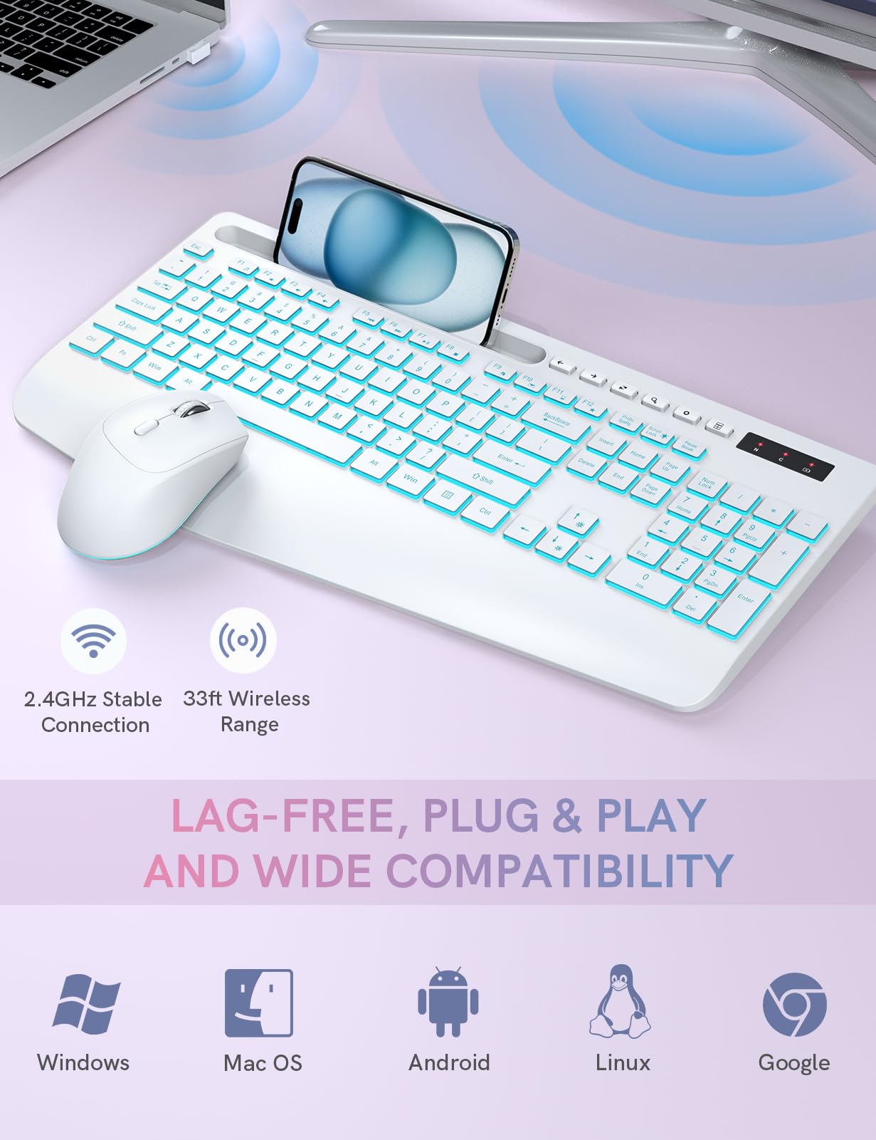 Wireless Keyboard And Mouse Combo With 7 Colored Backlits, Wrist Rest, Rechargeable Ergonomic Keyboard With Phone Holder, Silent