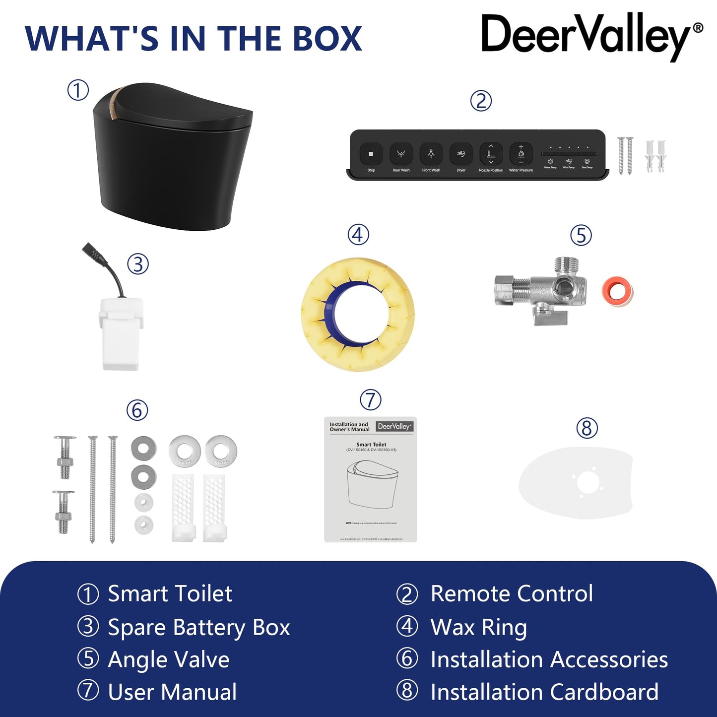 DeerValley Smart Toilet, Tankless Design with Integrated Bidet, Automatic Open/Close Lid, Auto Flush, Heated Seat, Black, Elongated