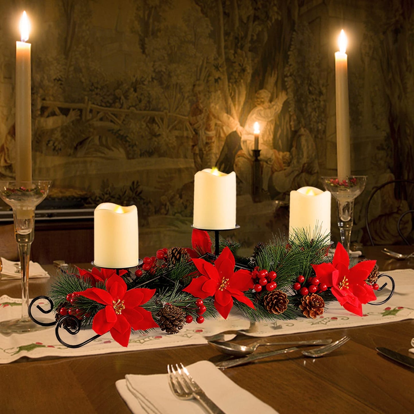 MorTime Christmas Centerpiece with 3 Candle Holders, Xmas Tabletop Decor with Red Flowers Berries Pinecones Steel Base for Indoor Home Christmas Decoration