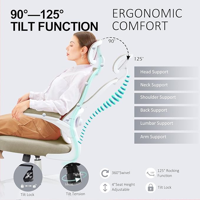 TUKAKA Ergonomic Office Chair,Ultra Thick Office Desk Chair with Adjustable Lumbar Support and Headrest,Spring Cushion,Rocking Function,Flip-up arms,Mesh Computer Chair for Home Office,Khaki