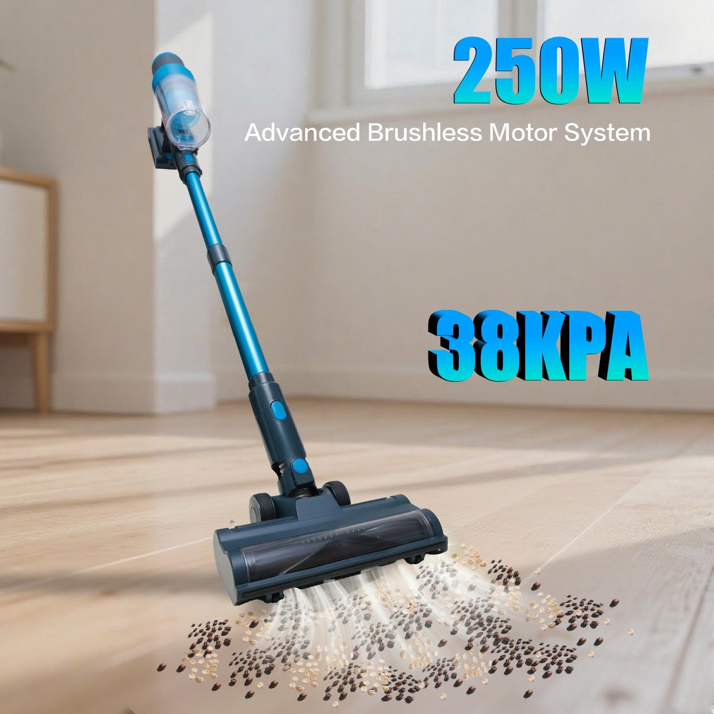 PRAVOLE Cordless Vacuum Cleaner - 400W, 48kPa Suction, 65min Runtime, Blue, Self-Standing, Anti-Tangle for Home & Pet Hair