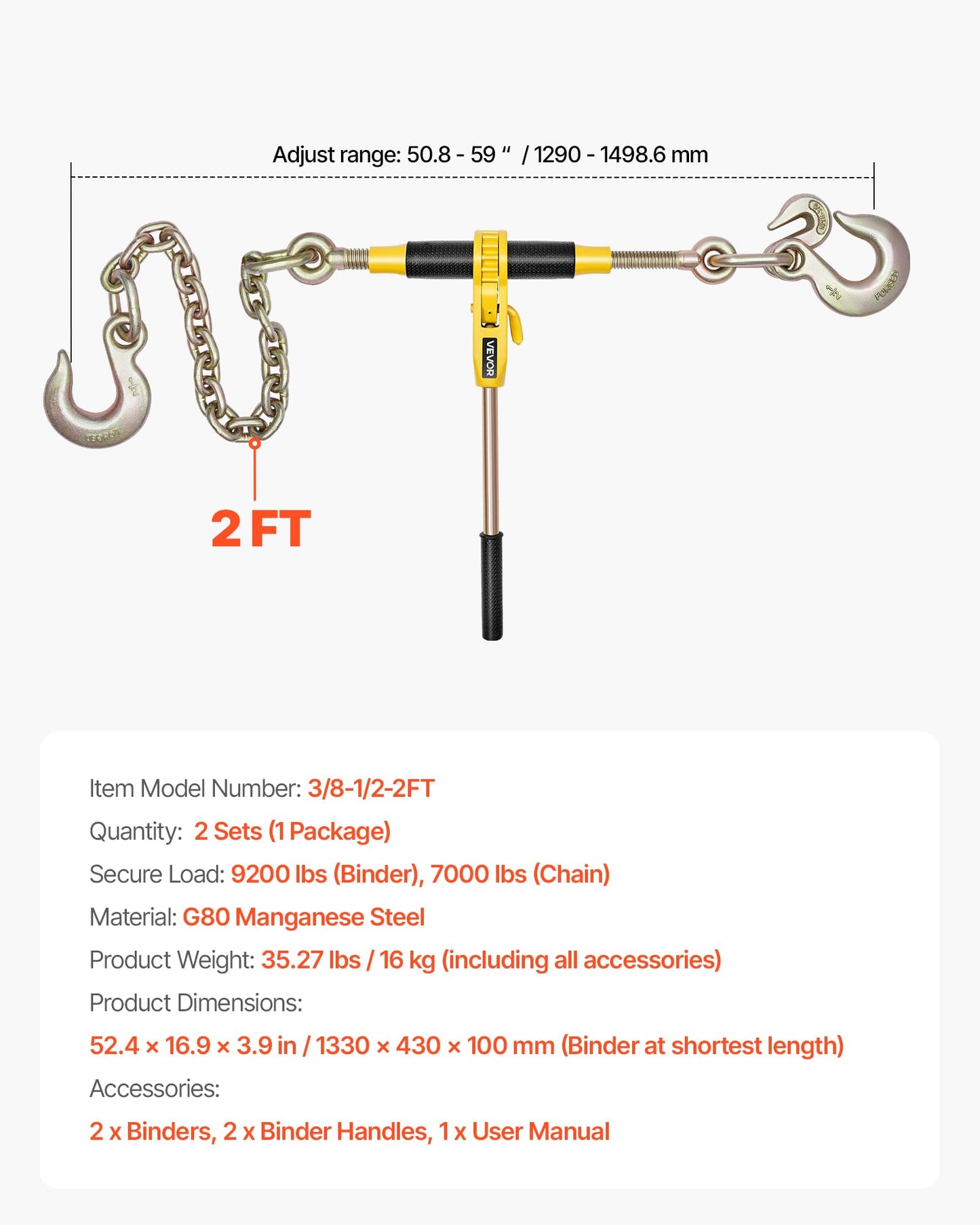 VEVOR Ratchet Chain Binder, 9200 lbs Working Load, Chain Binders Compatible with 3/8 in - 1/2 in Chains, Heavy Duty Ratchet Load Binder with Handles for Truck, Tie Down, Hauling, Towing, Logging