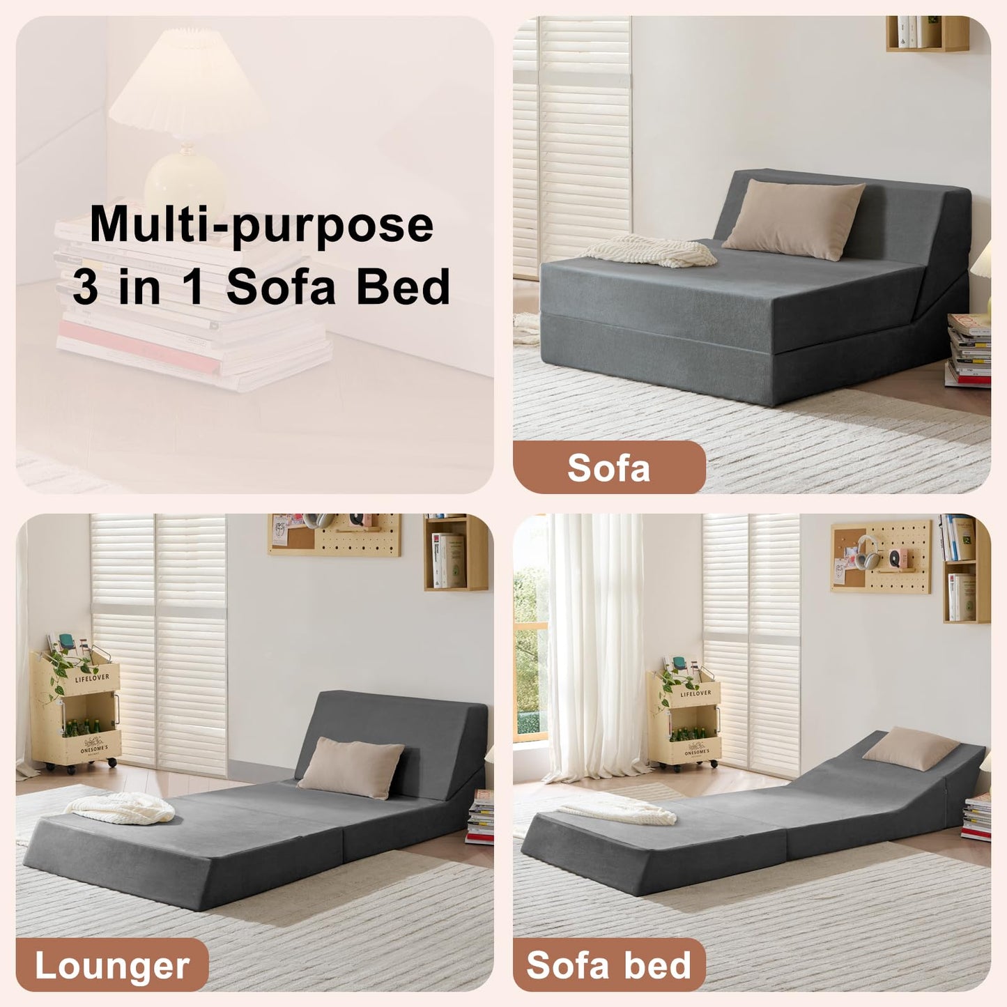 Rilelola Folding Sofa Bed, Sleeper Chair and Futon Couch, Convertible Sofa Bed, Floor Sofa for Living Room/Guest Room/Dorm/Home Office, Twin Size, Dark Gray