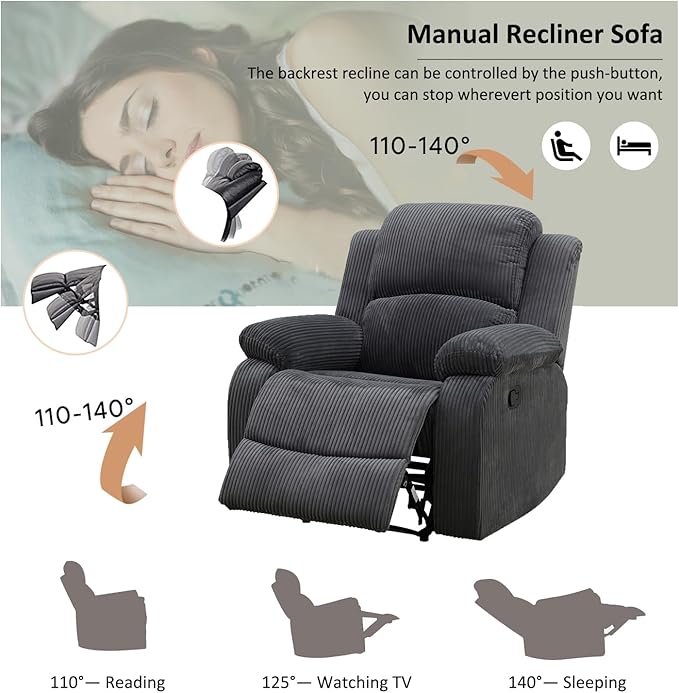 A Ainehome Recliner Sofa Set Loveseat Chair Furniture Sofa Set Living Room Furniture Set Grey Corduroy for Living Room/Small Space/Rv/House/Office/Theater Seating (A-Dark Grey Corduroy, Chair)