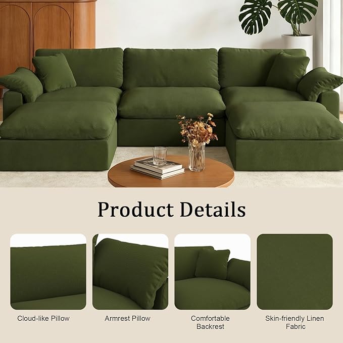Forest aesthetics Cloud Sectional Corner Sofa,Left/Right Modular Sofa,Down Filled Convertible Couch,Covers Washable & Replaceable,Green