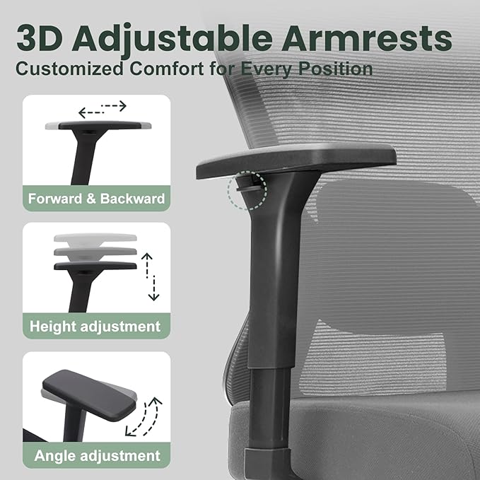 ZYFFHYLAI Ergonomic Office Chair - 350LB Mesh Office Chair with Adjustable Lumbar, High Back Computer Desk Chair with 3D Armrest, Comfy Chair with 2D Headrest & Tilt Function for Study, Work, Gaming
