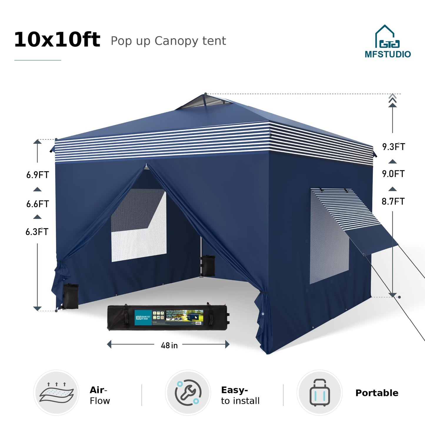 MFSTUDIO 10x10 Pop Up Canopy Tent with Removable Sidewalls, Outdoor Enclosed Instant Portable Shelter with Breathable Mesh Windows, One Person Setup, Blue Stripe