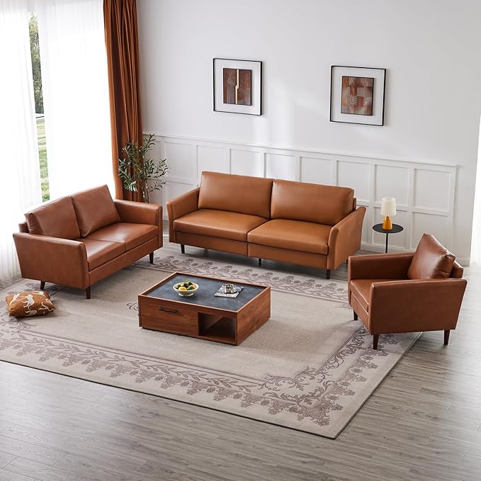 Kingfun Living Room Furniture Sets, 3 Seater Sofa, Loveseat and Armcahir, Mid Century Modern Sofa Set, Faux Leather Couch with Solid Wood Frame for Living Room & Bedroom, Mid Brown