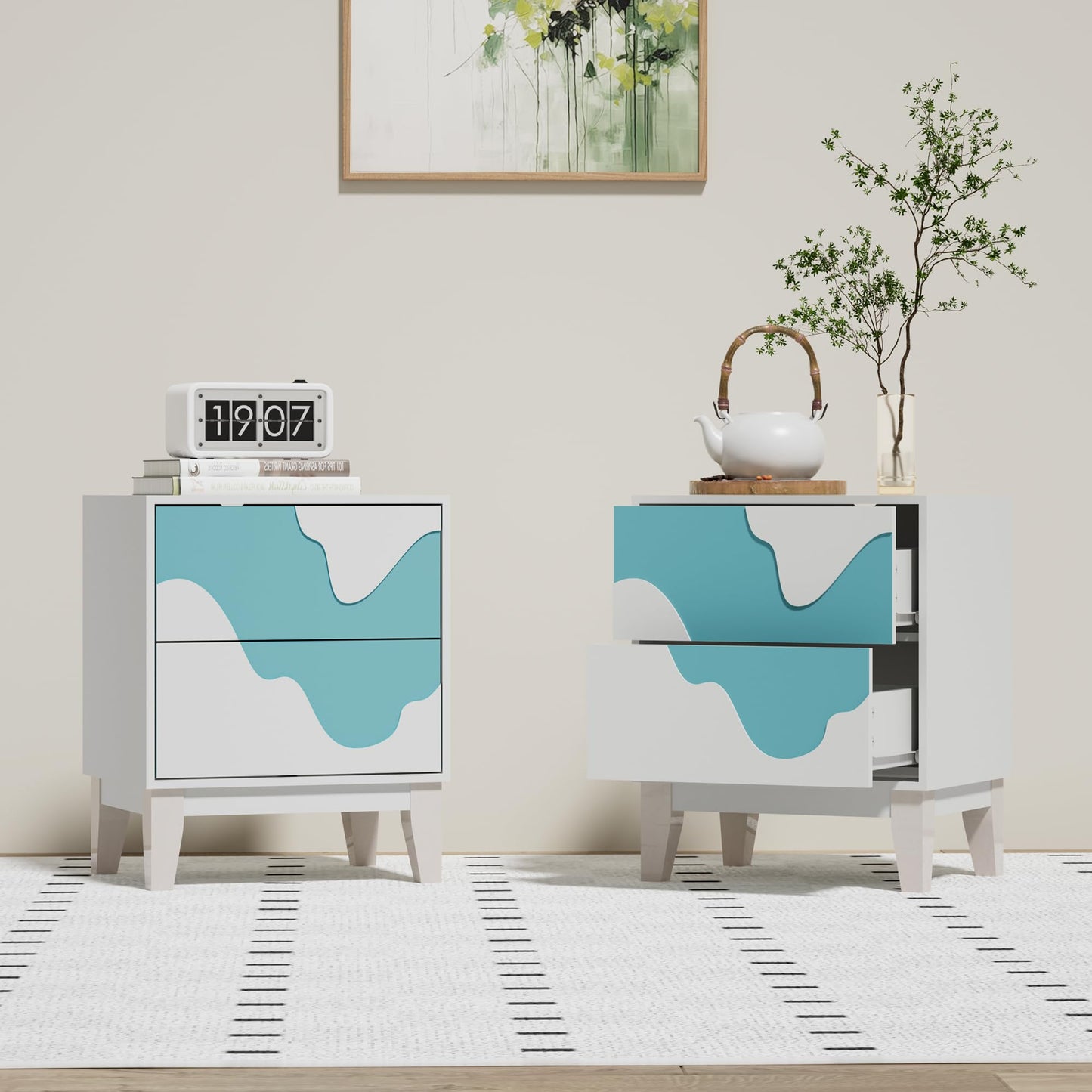 UEV 9-Drawer Dresser & 2 Nightstands Set - 3 Piece Modern Bedroom Furniture Set, 63" Wide Wooden Chest of Drawers with Flowing Water Pattern,2-Drawer Night Stands for Bedroom (White/Blue