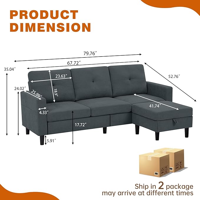 Pingliang Home Sectional Sofa Couches for Living Room, Modular 3 Seats Sectional Sofas L Shaped Couch with Storage and Reversible Chaise, Linen Fabric, 79" (Dark Grey)
