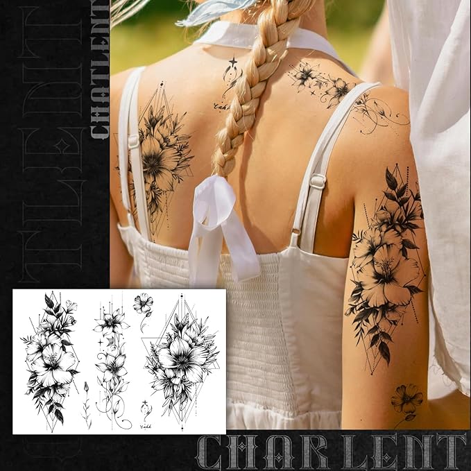 CHARLNET Black Flower Temporary Tattoos for Women - 9 Large Sheets Realistic Flower Lily Tattoos For Women Body Art Arm Chest Legs Shoulder