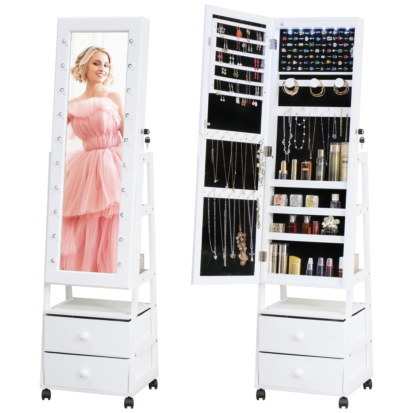 MASMIRE Jewelry Armoire Cabinet Organizer Standing with 20 LED Lights Lockable Full Length Mirror with Storage Shelves and 2 Drawers (White) Adjustable Tilt Angles Gift for Her