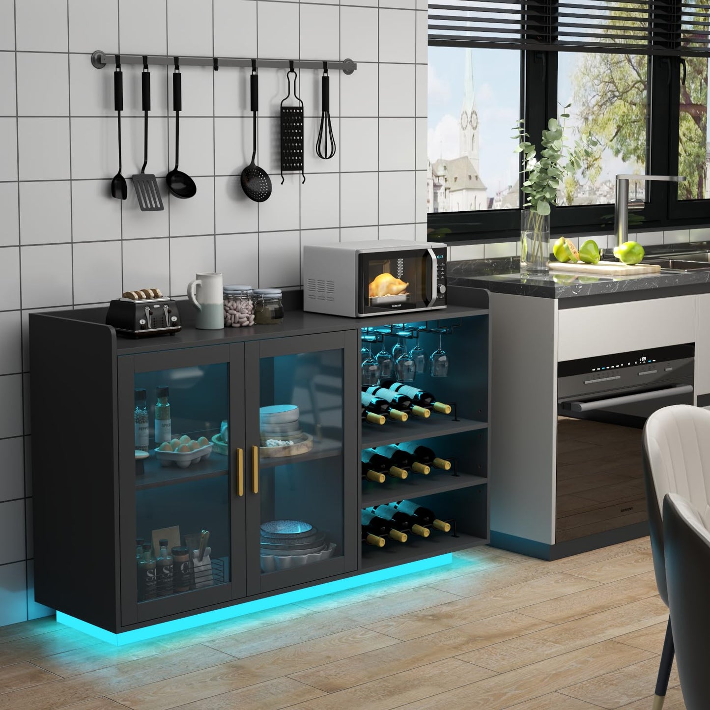 Loomie Wine Bar Cabinet with LED Lights, Floating Coffee Bar with Glass Rack and Removable Wine Racks, Modern Buffet Sideboard with Storage Shelves, Kithchen Bar with Glass Cabinet Doors, Black