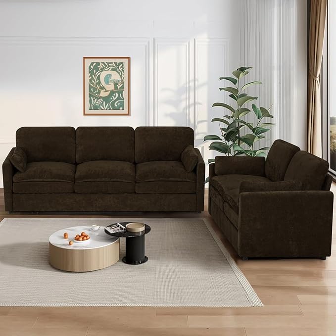 ACMEASE 2 Pieces Chenille Sofa Set w/Two Throw Pillows, Upholstered Loveseat & 3 Seater Sofa w/Comfortable Back Cushions, Modern 2-Seat & 3-Seat w/High-Density Foam for Living Room, Apartment, Brown