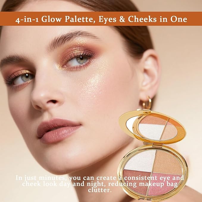 Eye & Cheek Palette - Eyeshadow and Highlighter Makeup (with Detachable Brush), Makeup Palettes Contour Kit, Shimmer Glow Face Highlighter Palette for Women Face, Natural Glow Contour Powder ((1pcs))