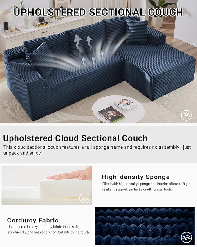 105 Inch Modular Sectional Sofa,Modern Cloud Sectional Couch with Deep Seat,Corduroy Boneless Couches with L-Shape Chaise for Living Room Bedroom,No Assembly Required (Blue, Right Facing Chaise)