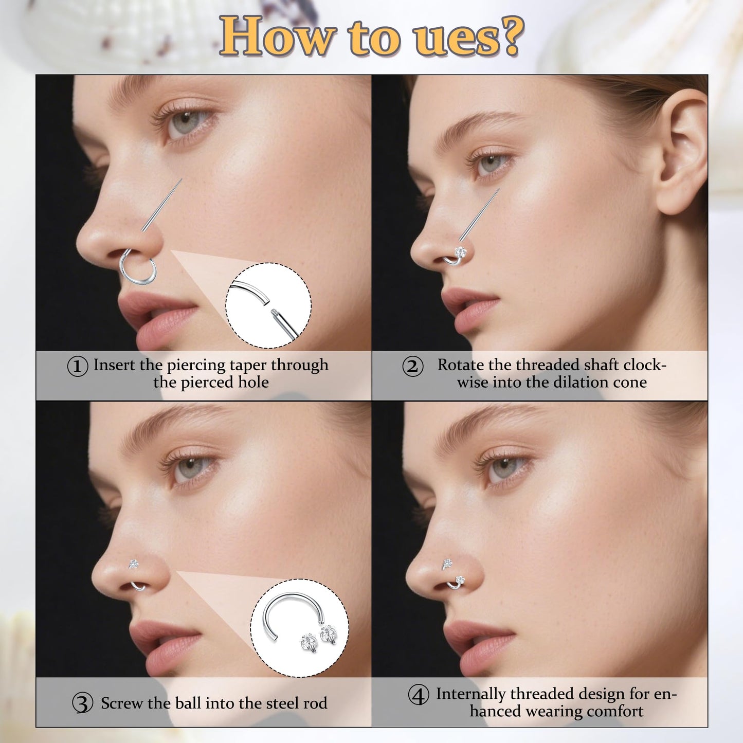 MODRSA Silver Horseshoe Nose Ring 18g Horse Shoe Nose Ring Hoop for Women Surgical Steel Half Hoop Earring Hoops Star Double Gem