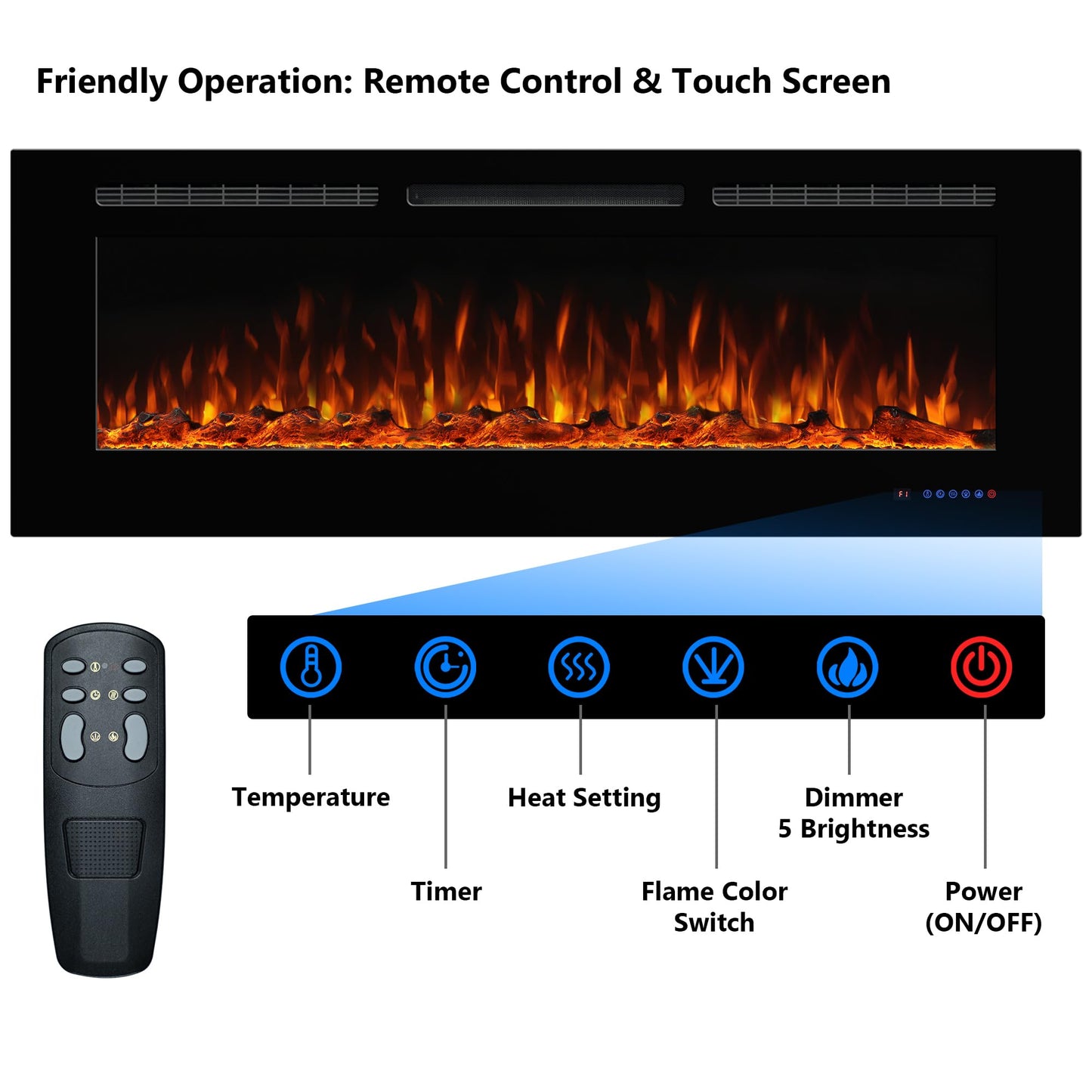 Dreamflame Electric Fireplace 36inches, Wall-Mounted & Recessed Fireplace Inserts, Multicolor Flame w/5 Dimmer, Remote Control Thermostat, Timer, Overheating Protection, Hardwire Connect, 1500W,Black