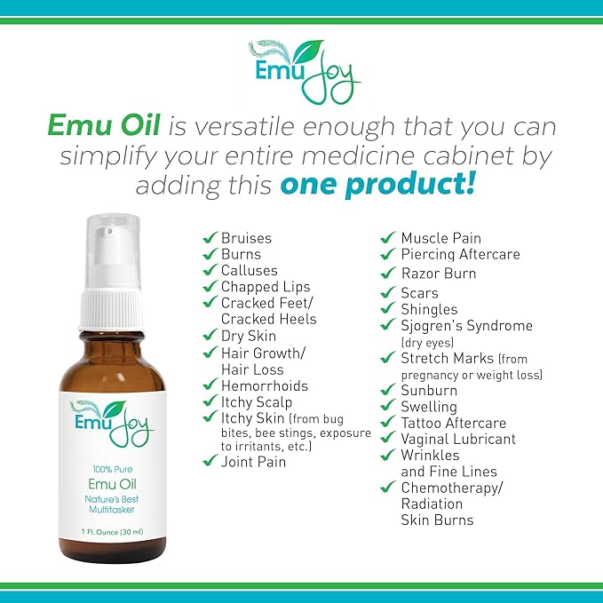Emu Joy Emu Oil Organic - 100% Pure, Made in the USA - Emu for Skin, Face, Hair, and Nails, Piercing Bump Oil & Tattoo Aftercare (Old Packaging, 1 Fl Oz)