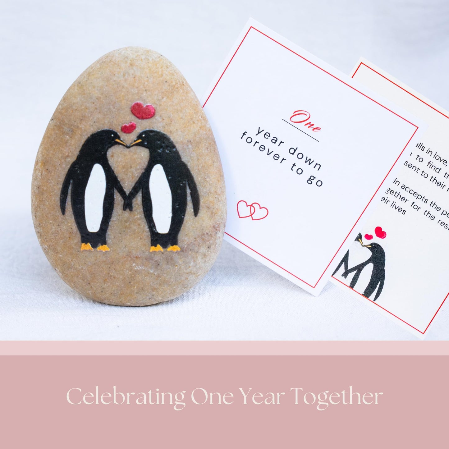 PureRejuva 1 Year Anniversary for Boyfriend or Girlfriend - Penguin Pebble Gift- First Wedding Anniversary for Husband or Wife - One Year Together Keepsake