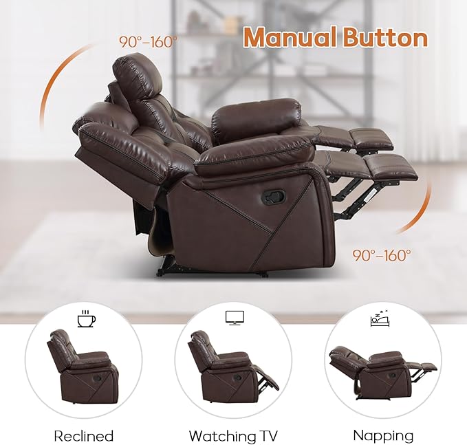 EBELLO Faux Leather Recliner Sofa Furniture Set for Living Room, 2 Recliner Chairs, 3 Seat Recliniing Sofa Couch Set for Meeting Room, Dark Brown