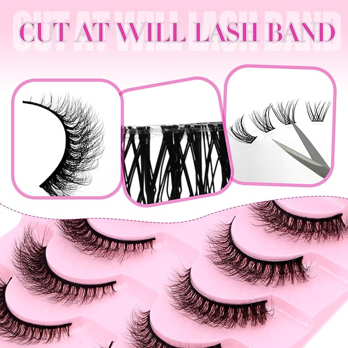 FADLASH False Eyelashes Kit 10 Pairs Cat Eye Lashes Mink Lashes Wispy with Lash Bond and Seal and Tweezer Fake Eyelashes Natural Look Handmade Eyelashes Fake Lashes Strips (XH03 Kit)
