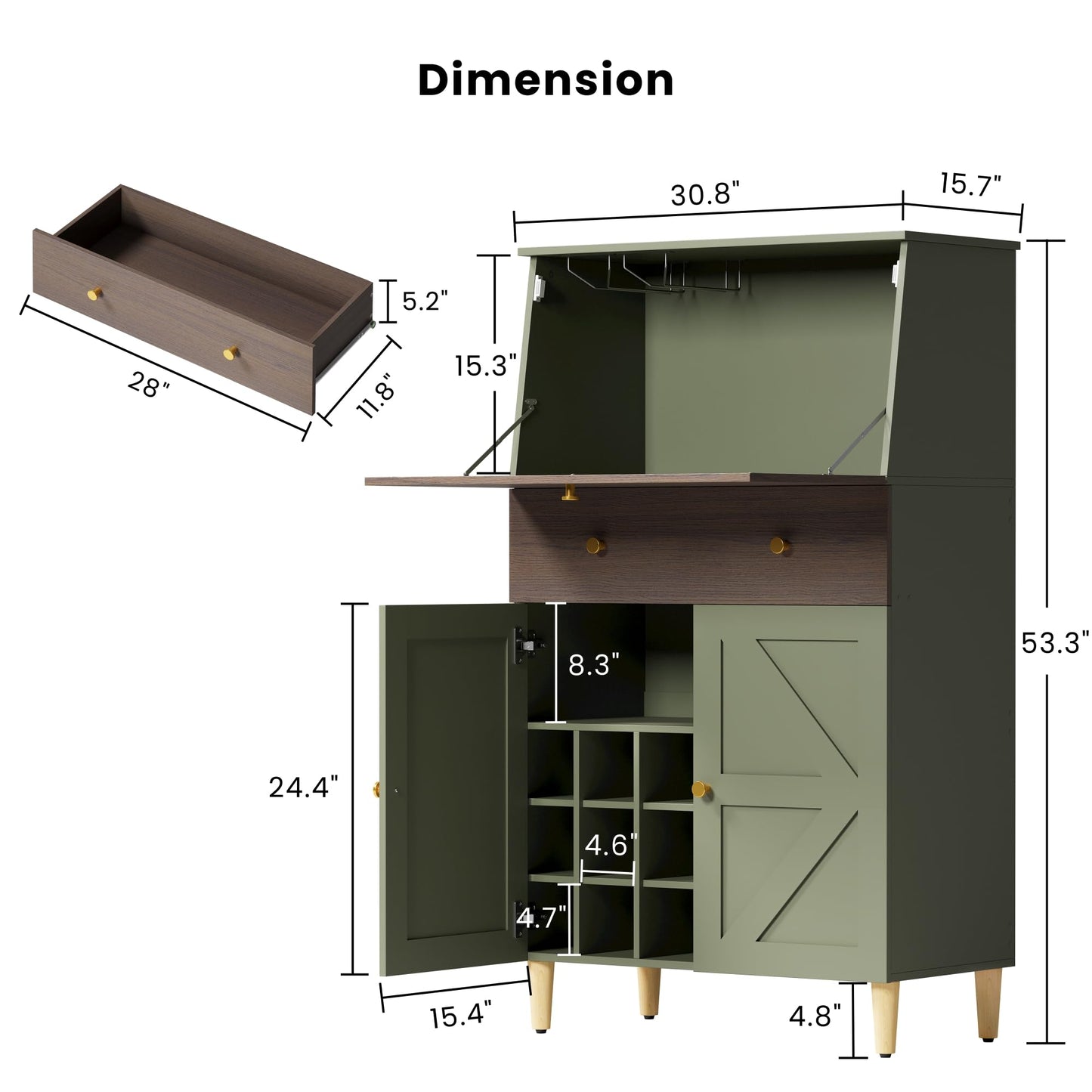 ANCTOR Bar Cabinet with Foldable Countertop 53" Liquor Cabinet Bar for Home with Wine Rack Hidden Storage Adjustable Shelf Large Drawer Wine Bottle Slots Quiet Closed Hinges