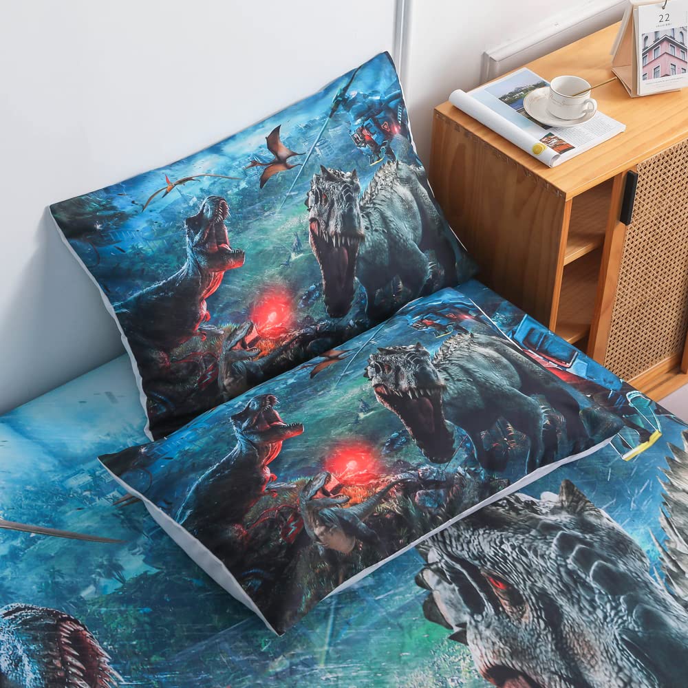 Roscloud Kids Dinosaur Sheet Set - Full Size Boys 3D T-Rex & Triceratops Dinosaur Bed Set - Fitted Sheet x 1, Pillowcase x 2