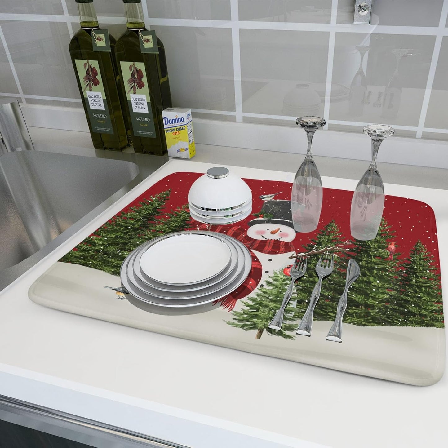Christmas Dish Drying Mat for Kitchen Counter Red Xmas Snowman Trees Birds Drying Mat 18x24 Inch Winter Holiday Absorbent Dish Drainer Mat Christmas Kitchen Accessories