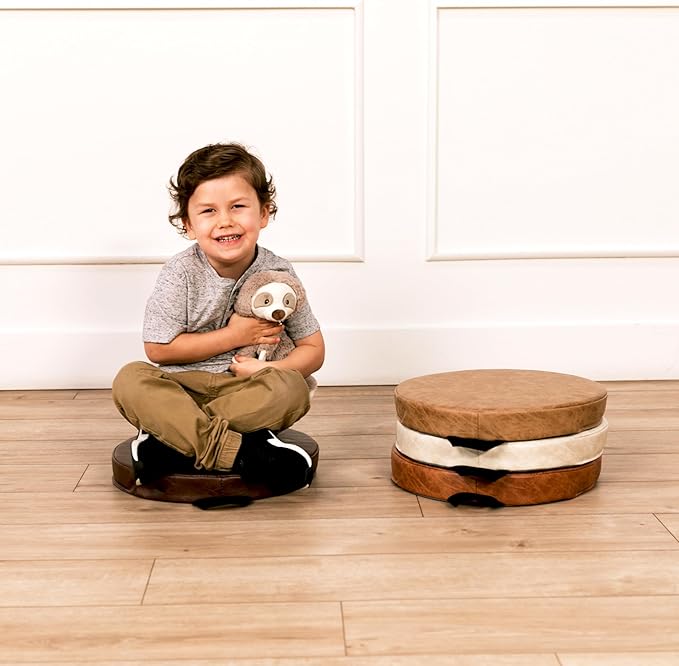 Factory Direct Partners Rustic Kid 15 inch Round Floor Cushions with Handles, Distressed Faux Leather, Flexible Seating for Home, Playroom, Montessori, Daycare, Classroom (4-Piece), 12223-DA