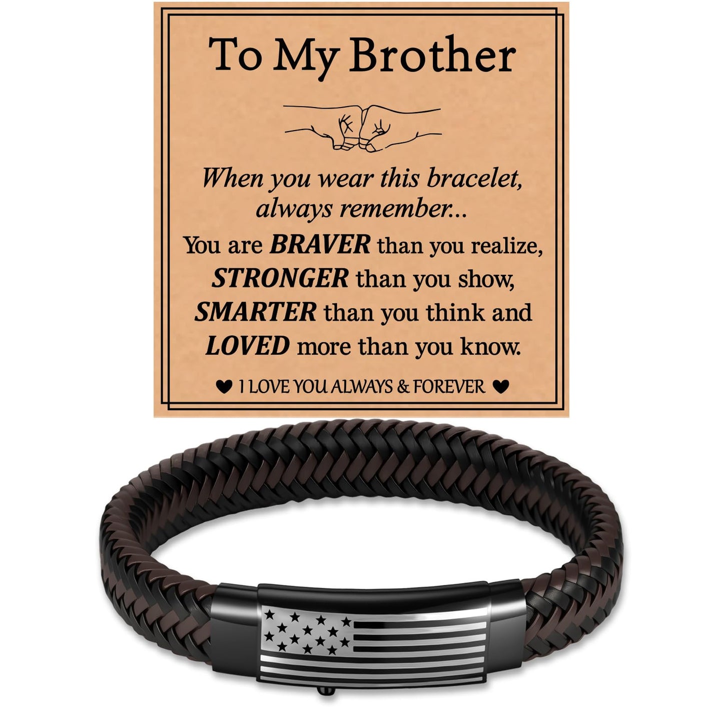 KLIFOWDY Gifts for Brother Leather Bracelet for Men American Flag Mens Bracelet with Card Adjustable Leather Cuff Bracelets for Men Jewelry Birthday Graduation Gifts