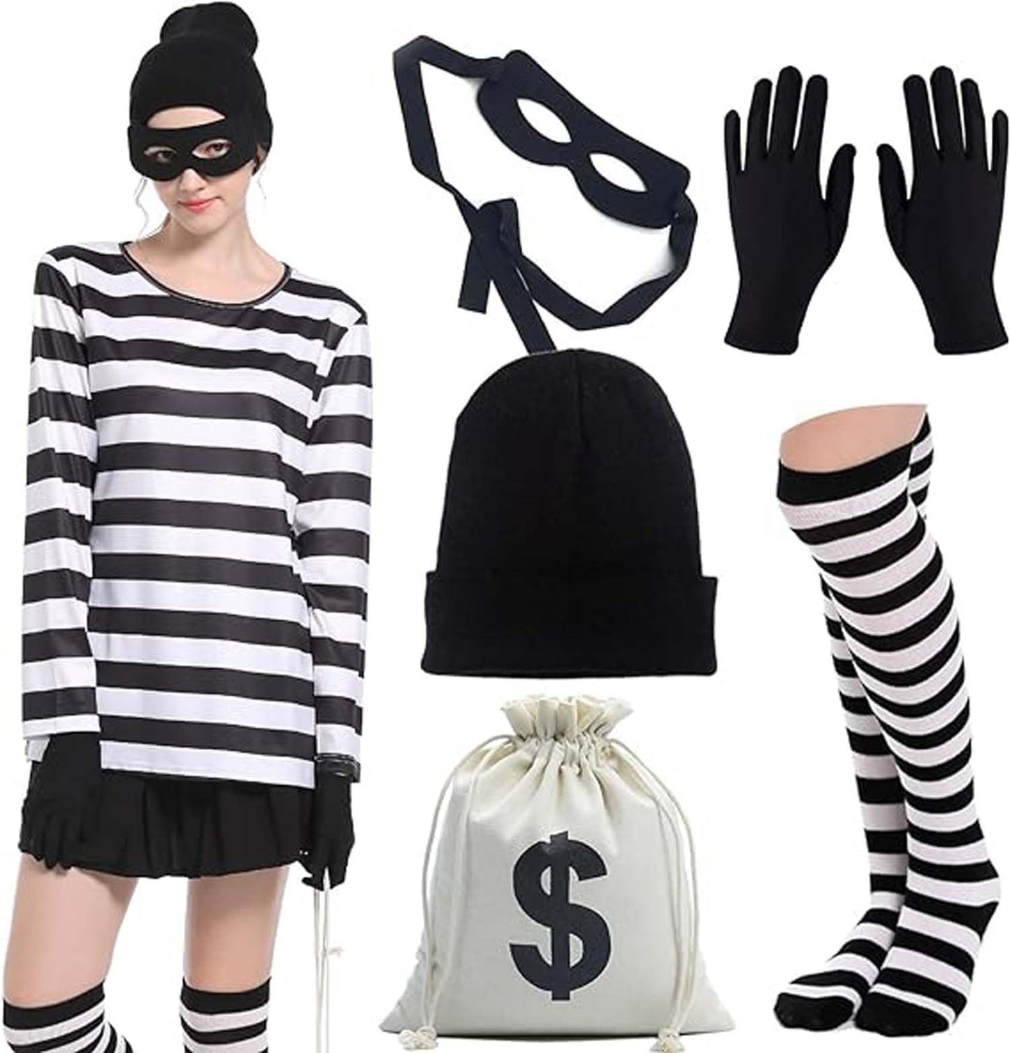 JUANSI Adult Halloweent Robber Costume Set Black and White Striped Tee Shirt Canvas Bag Gloves Eye Patch and Beanie Cap (Female, XXL)