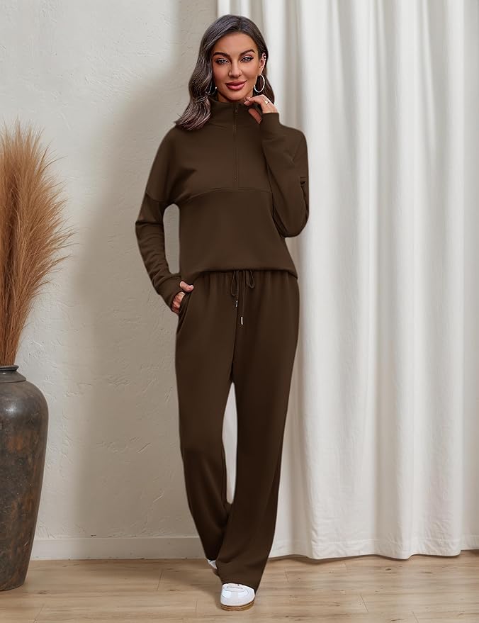 Totatuit Womens Sweatsuits 2 piece Set Lapel Half Zip Lightweight Sweatshirts and Wide Leg Pants Tracksuit Lounge Sets
