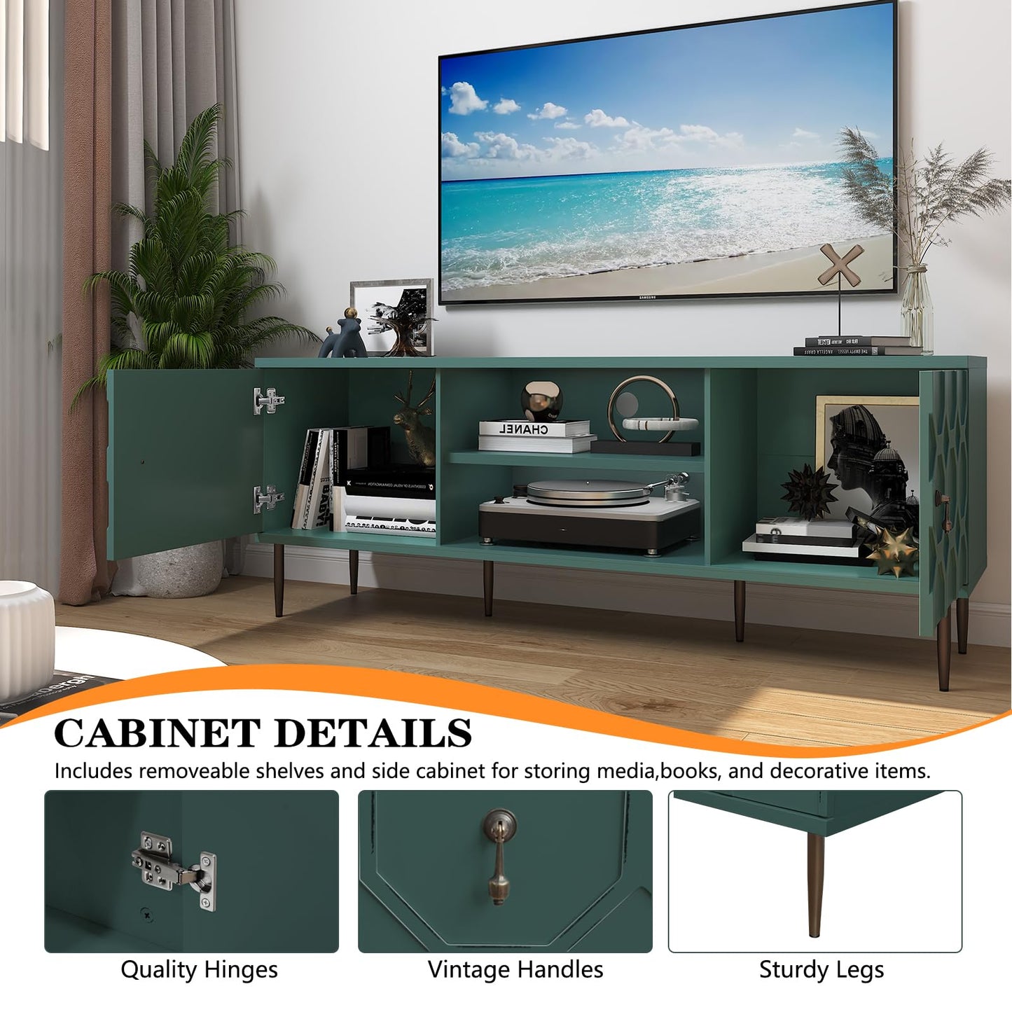 MROJISC Modern TV Stand for 65/70inch TV, Entertainment Center with Storage Cabinet and Open Shelves, Embossed Pattern TV Stand, TV and Media Console for Living Room, Bedroom, Green