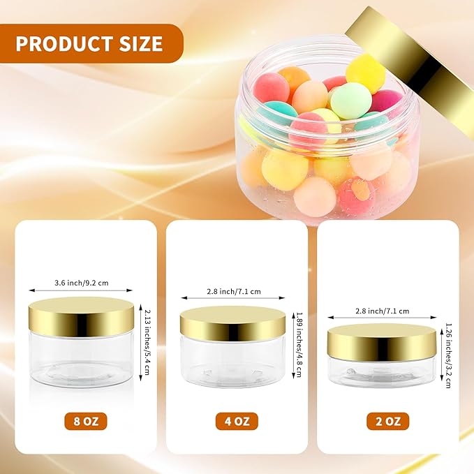 24 Pack 4 Oz Plastic Containers with Gold Lids, Clear Empty BPA Free and Refillable Cosmetic Jars Travel Containers for Creams, Lotion, Bath Salts, Sugar Scrub, Slime, Lip Scrub, Makeup