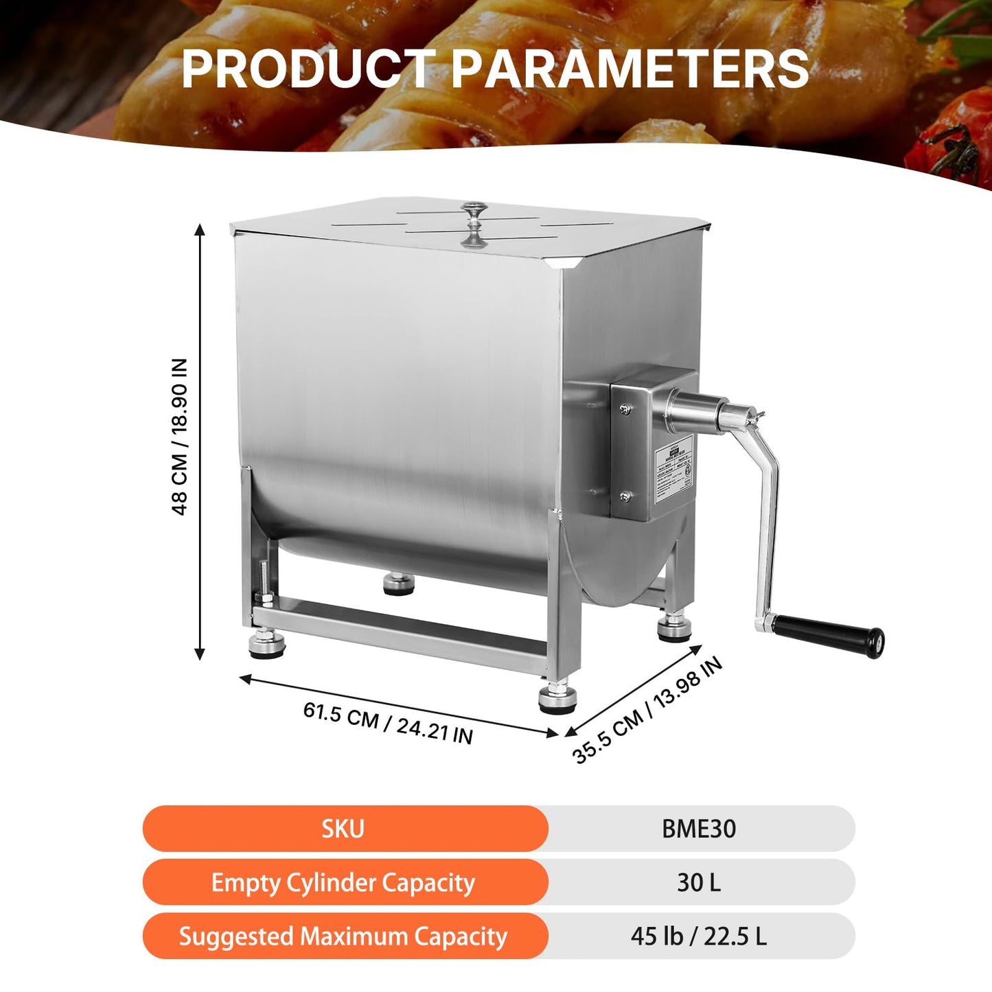 Hakka Manual Meat Mixer 45lb/22.5L, Fixed Tank 30L Stainless Steel Updated Commerial Food Mixer for Meat and Seasonings, Sausage, Burger, Patty