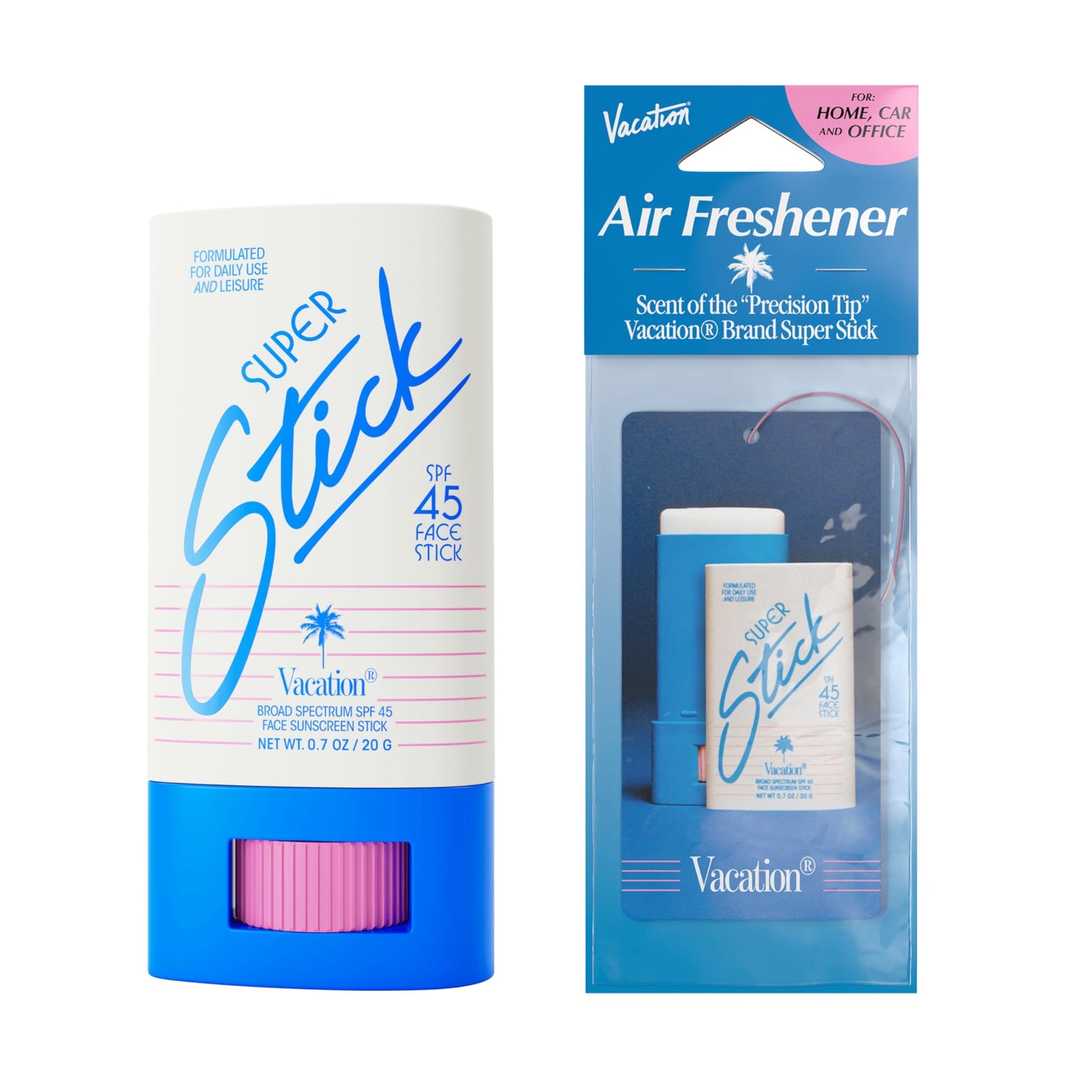 Vacation Super Stick SPF 45, Clear Sunscreen for Face & Air Freshener Bundle, Travel Size Sunblock, Facial Sunscreen Stick with