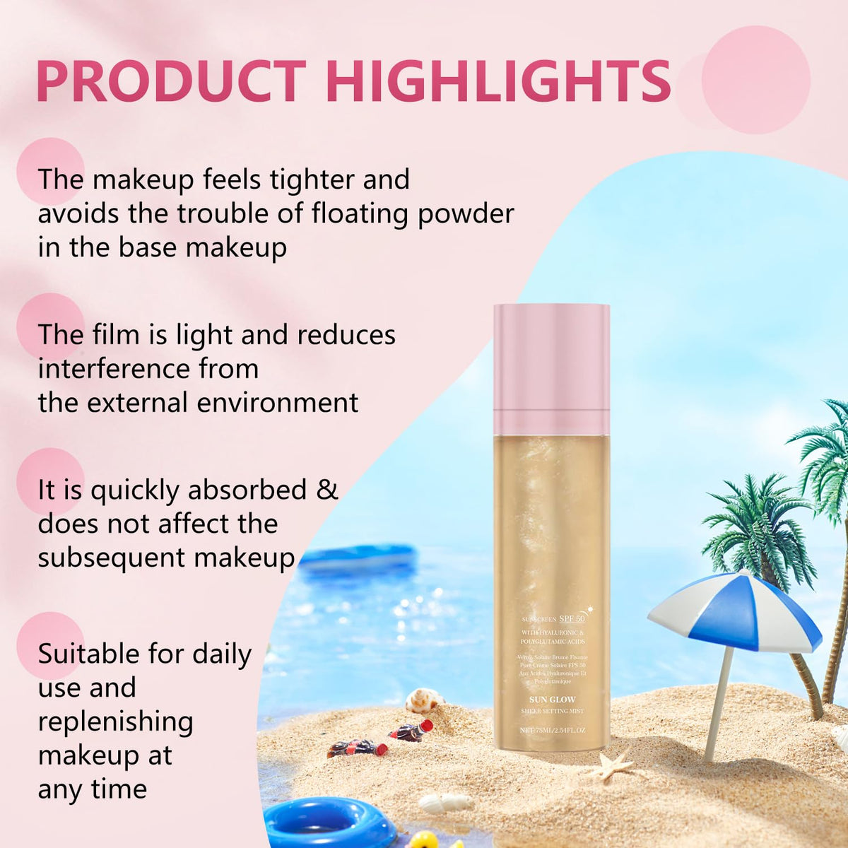 2PCS Sunglaze Sheer Setting Mist Sunscreen SPF 50, Broad Spectrum Shimmering Body Oil Mist, Non-Greasy, Fast-absorbing for Face